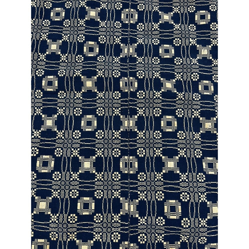 Antique Primitive Indigo Blue White Signed Hand Woven Jacquard Overshot Coverlet